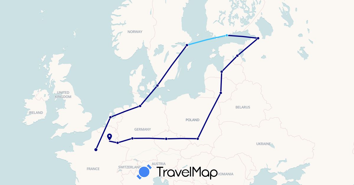 TravelMap itinerary: driving, boat in Czech Republic, Germany, Estonia, France, Lithuania, Luxembourg, Latvia, Netherlands, Poland, Russia, Sweden (Europe)