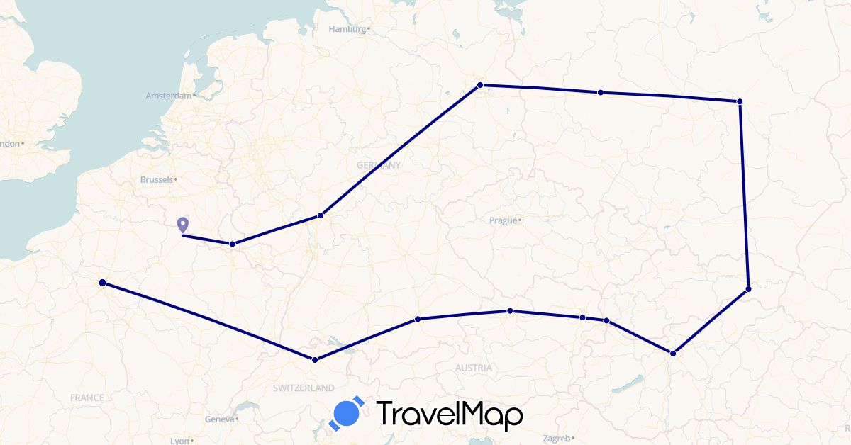 TravelMap itinerary: driving in Austria, Switzerland, Germany, France, Hungary, Luxembourg, Poland, Slovakia (Europe)