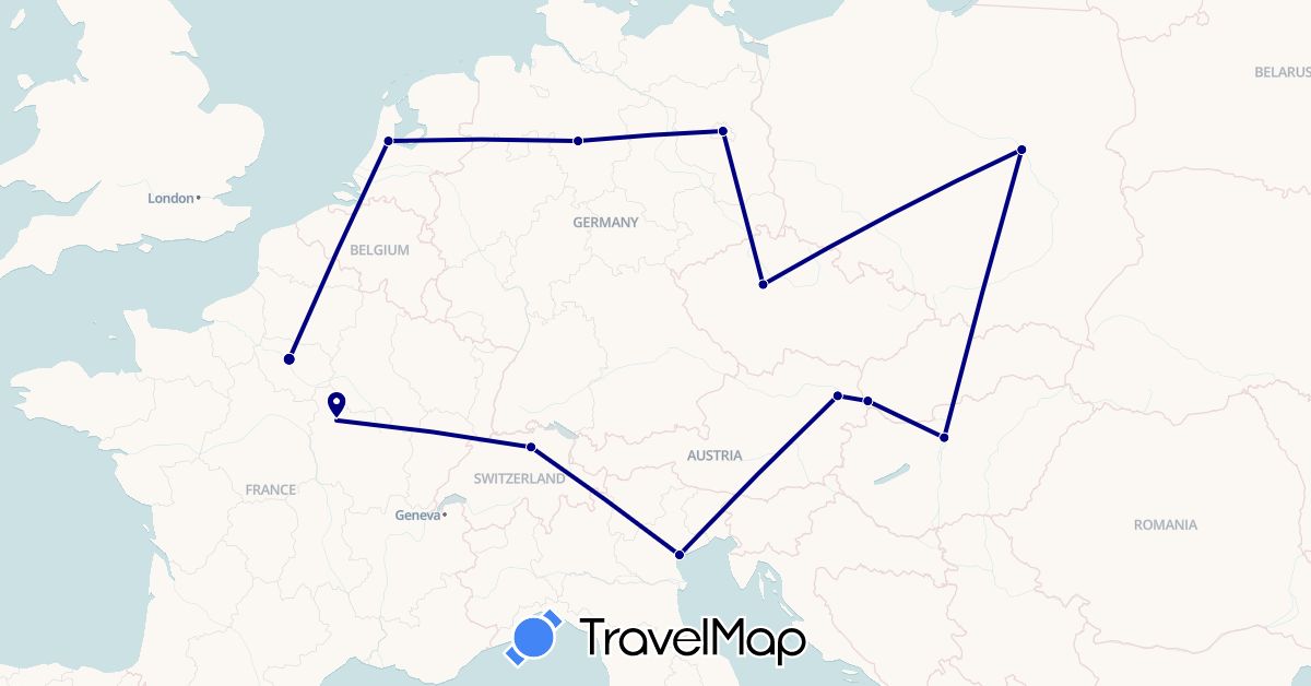 TravelMap itinerary: driving in Austria, Switzerland, Czech Republic, Germany, France, Hungary, Italy, Netherlands, Poland, Slovakia (Europe)